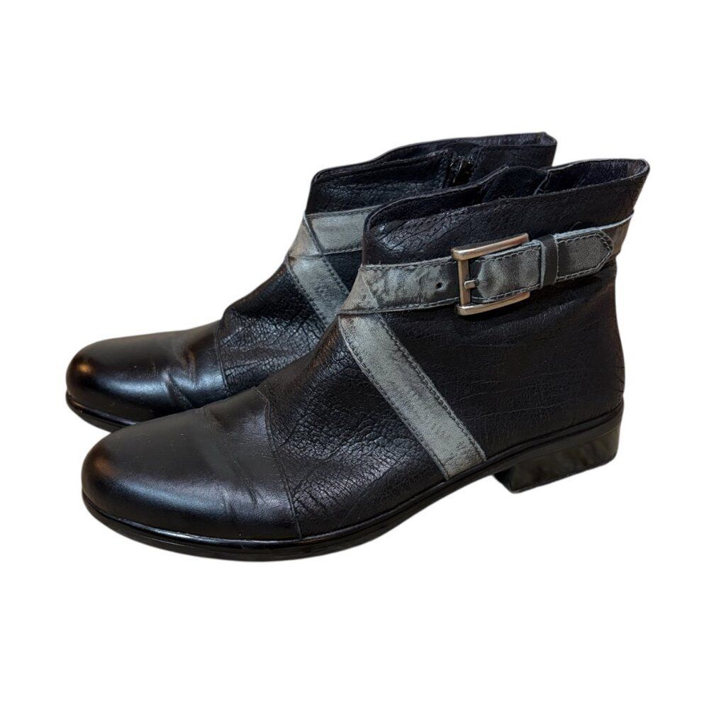 Naot Size 39 Boreas Ankle Boots Booties Black Crackle Leather Buckle Distressed